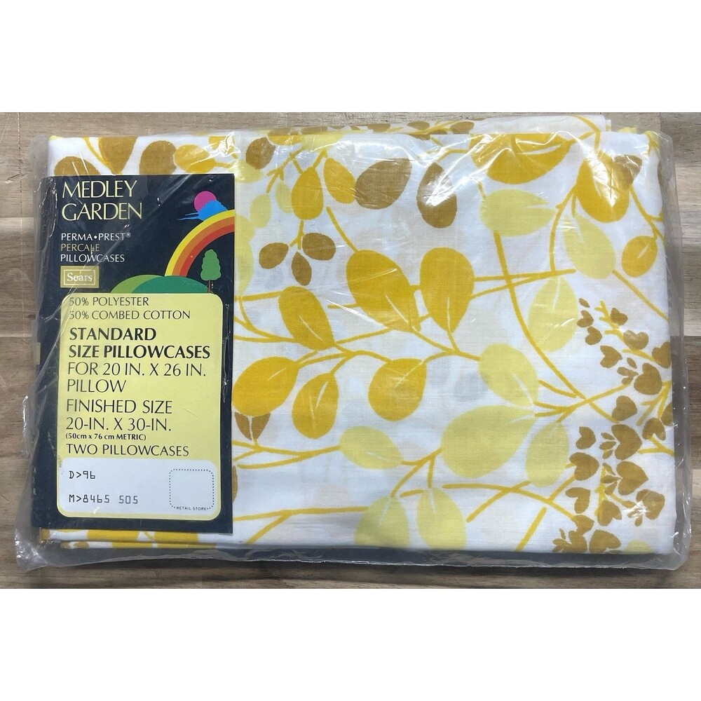 Vintage NOS Sears Medley Garden Percale Standard Pillowcases Yellow Gold Floral